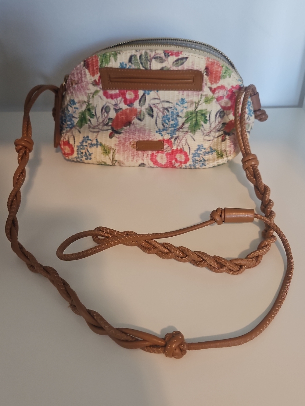 Vince Camuto Cream Floral Emmie Crossbody with Braided Tan Leather Strap